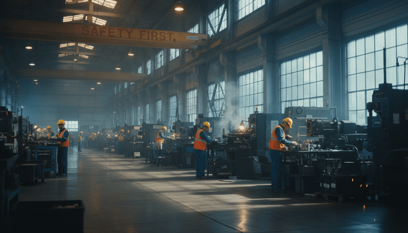 Industrielle Produktionshalle mit Arbeitern und Maschinen