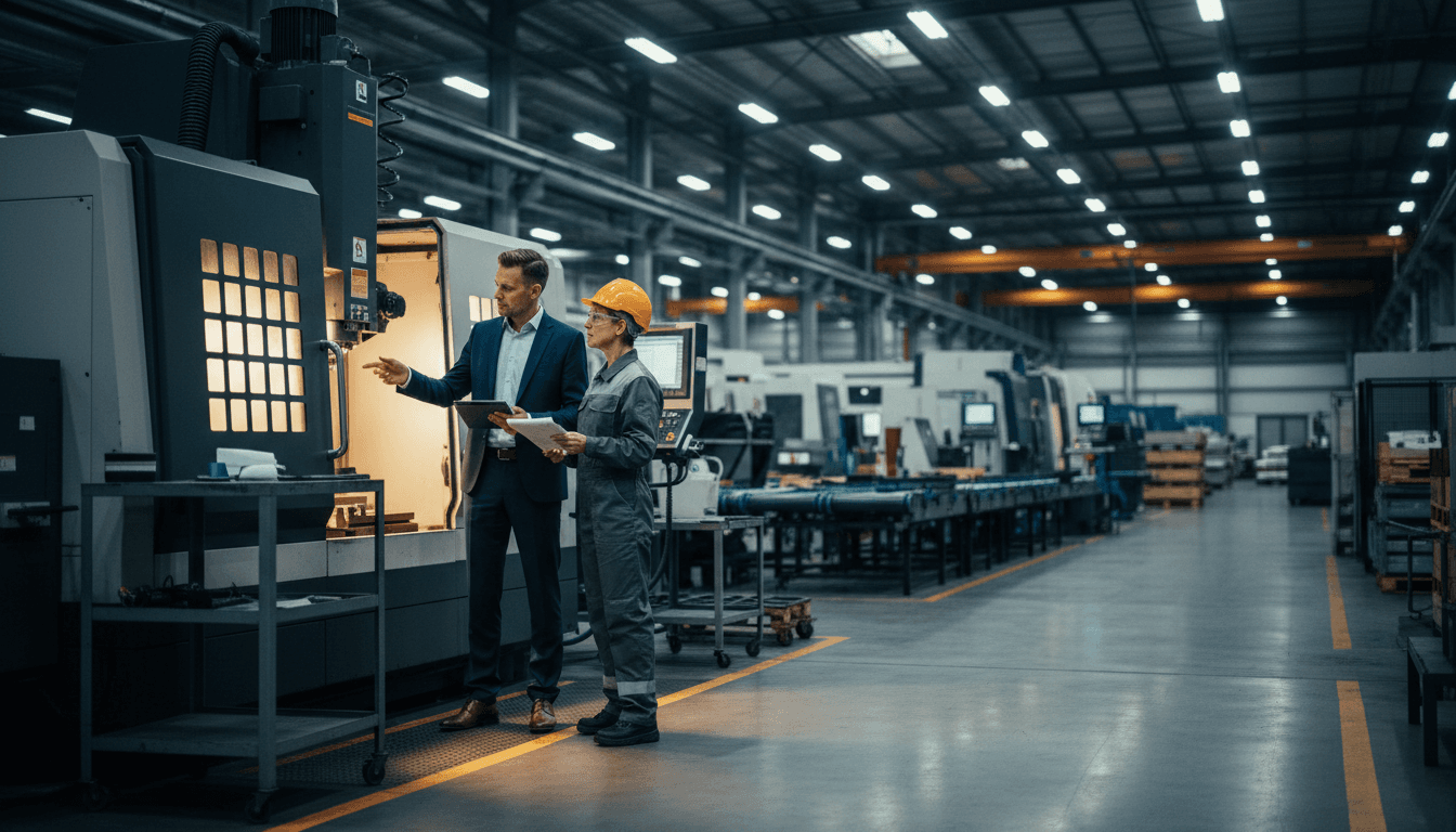 Versicherungsberater und Fabrikleiter besprechen Industrieversicherungslösung in moderner Produktionsstätte